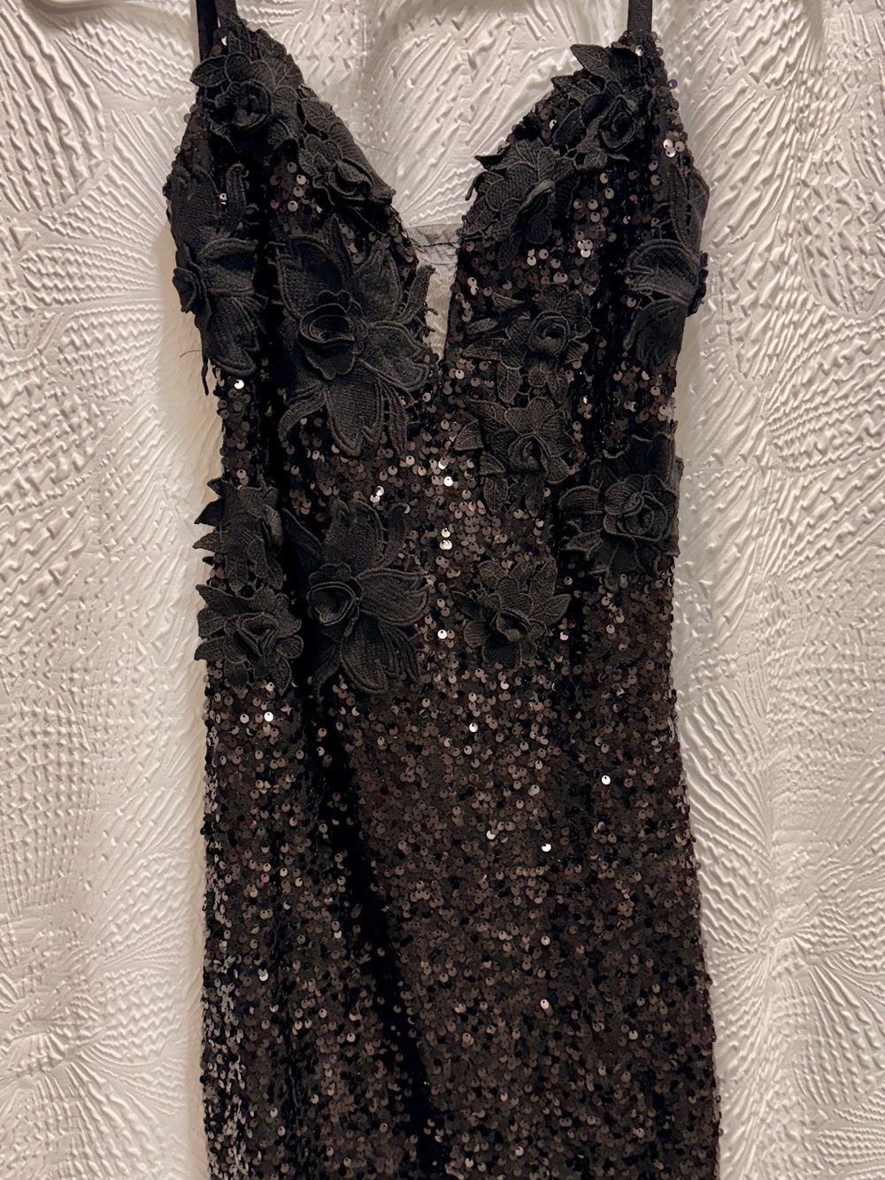 Sexy Jovani Black Sequin Gown with low back and 3D Floral Appliqués Size XL